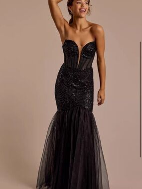 Black Beaded Strapless Maxi Dress